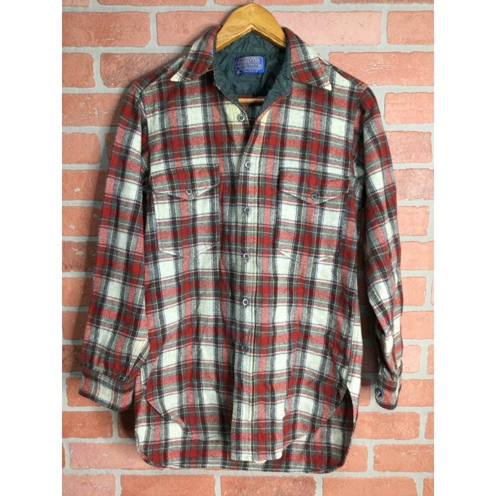 Vintage Pendleton Mens Wool Button Front Plaid Field Board Shirt Size 15 60s 70s